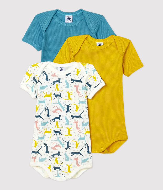 Lot de 3 bodies manches courtes chats b&eacute;b&eacute; en coton et lyocell multicouleur